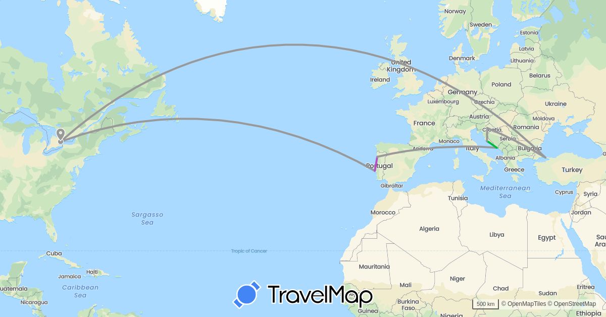 TravelMap itinerary: driving, bus, plane, train in Canada, Croatia, Portugal, Turkey (Asia, Europe, North America)